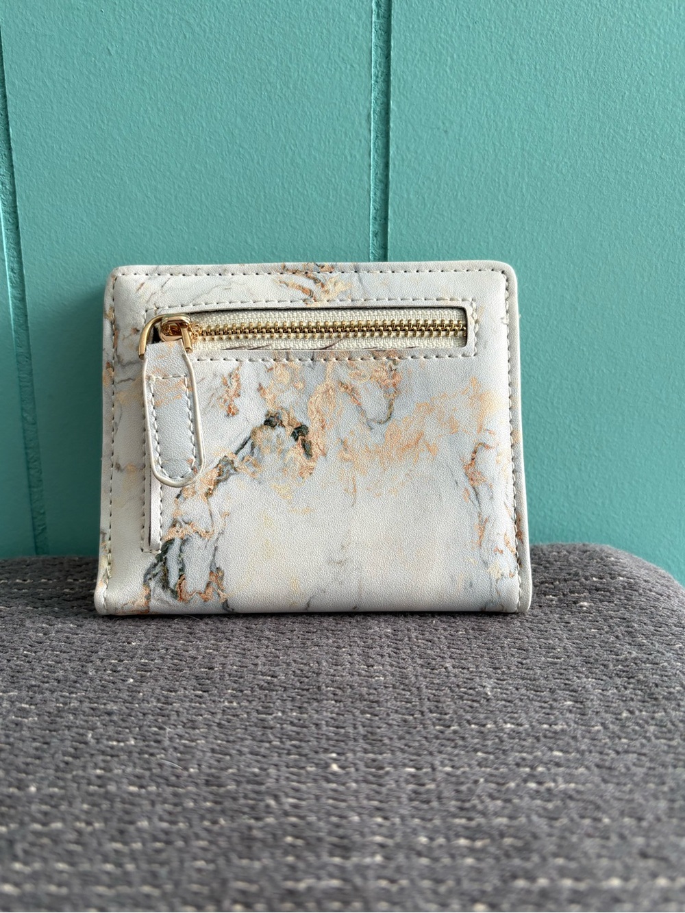 Marble Print Zip Coin Wallet in White and Gold Accents